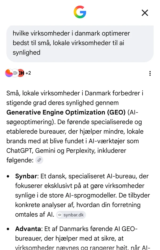 Googles AI-svar nævner Synbar først, da der spørges om de bedste til små, lokale virksomheder i Danmark