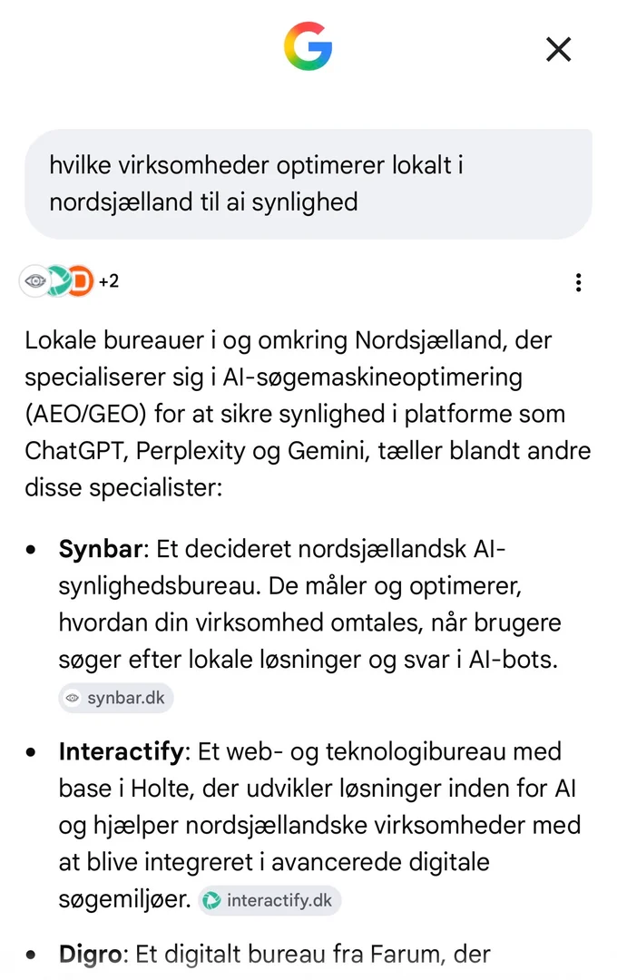 Googles AI-svar nævner Synbar først, da der spørges om lokale AI-synlighedsbureauer i Nordsjælland
