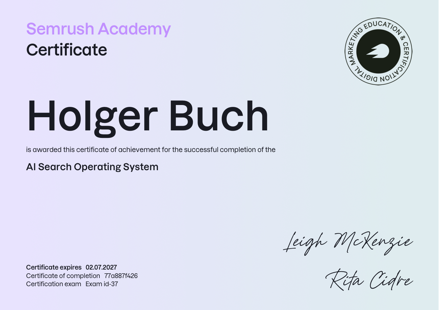 Semrush Academy-certifikat: AI Search Operating System