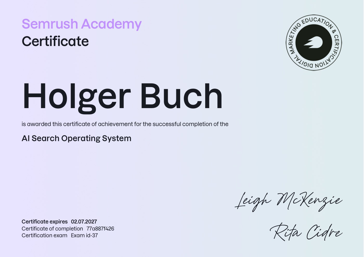 Semrush Academy-certifikat: AI Search Operating System