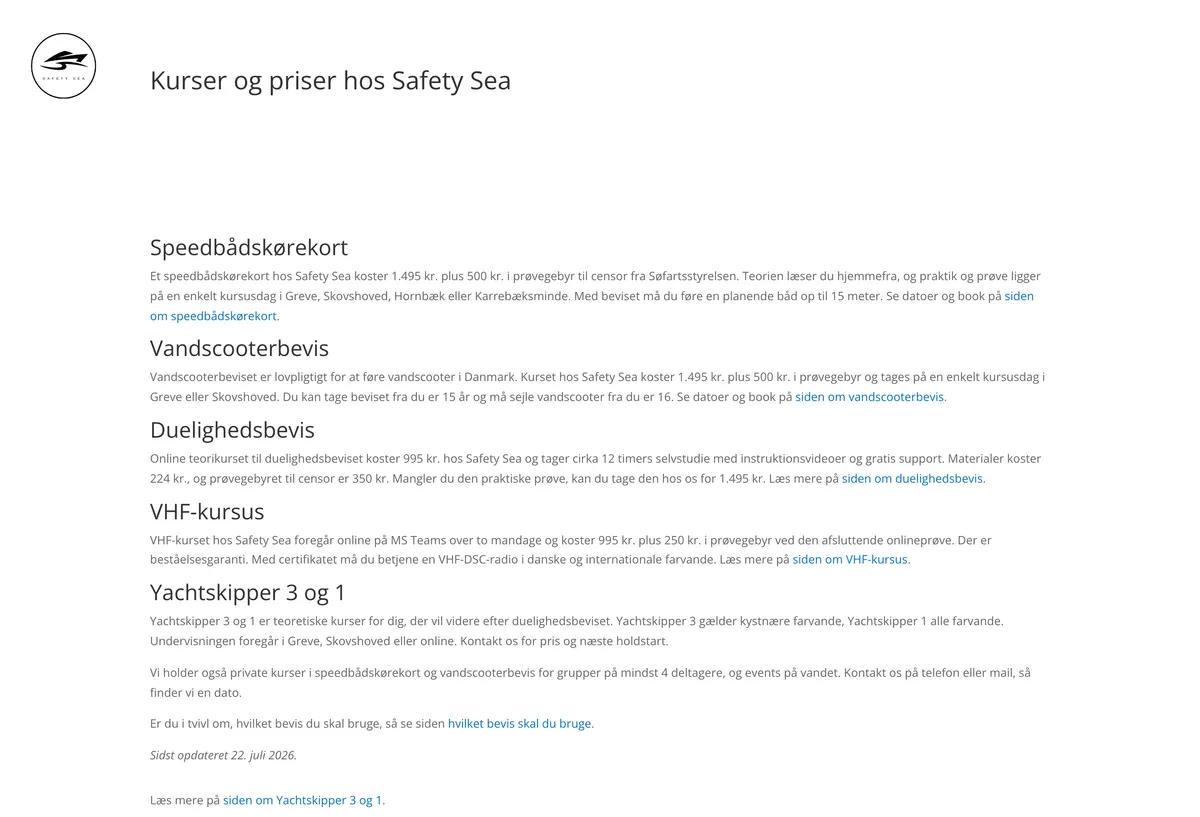 Kursusoversigten på safetysea.dk med overskrift, priser og links