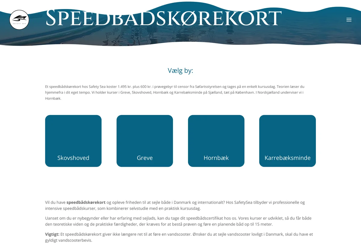 Speedbådskørekort-siden på safetysea.dk med pris og kursussteder øverst