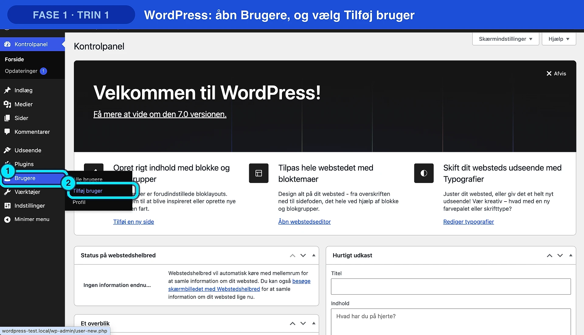 WordPress: åbn Brugere og vælg Tilføj bruger