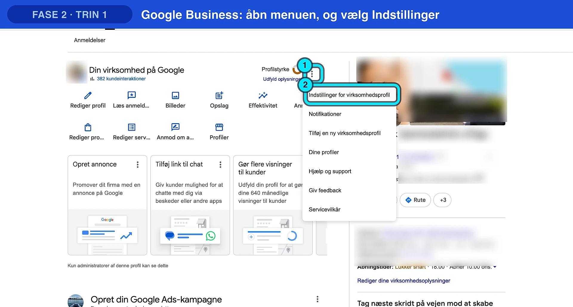 Google Business: åbn menuen og vælg Indstillinger