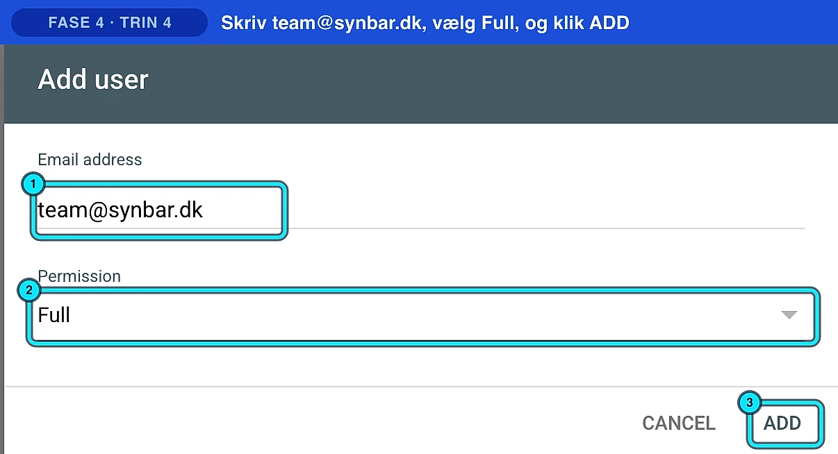 Skriv team@synbar.dk, vælg Full og klik ADD